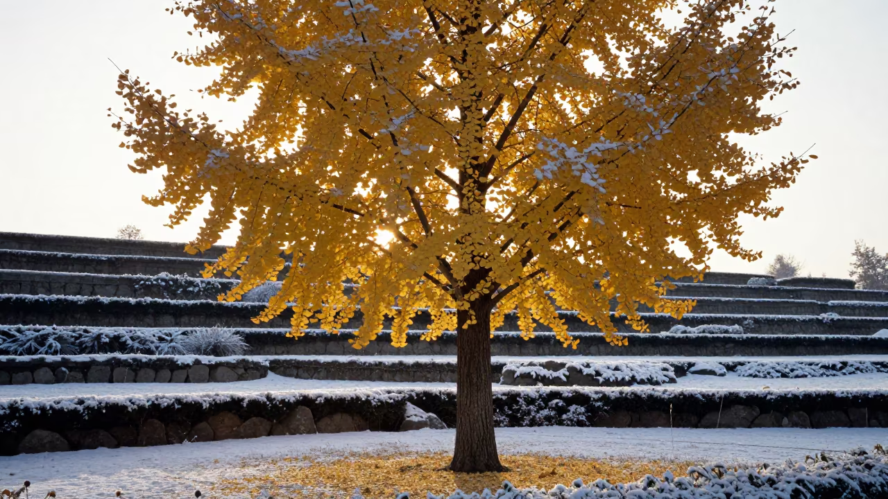 Golden Ginkgo Tree in Winter Frost Sunset in among terraced garden plots near Brampton