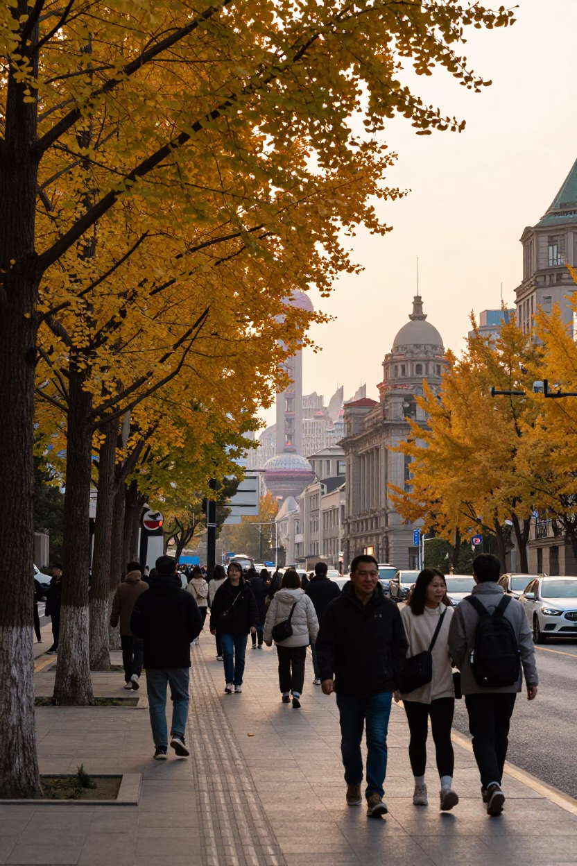 Golden Ginkgo Trees and Bustling Shanghai Street Scene at Sunset in in Shanghai, China