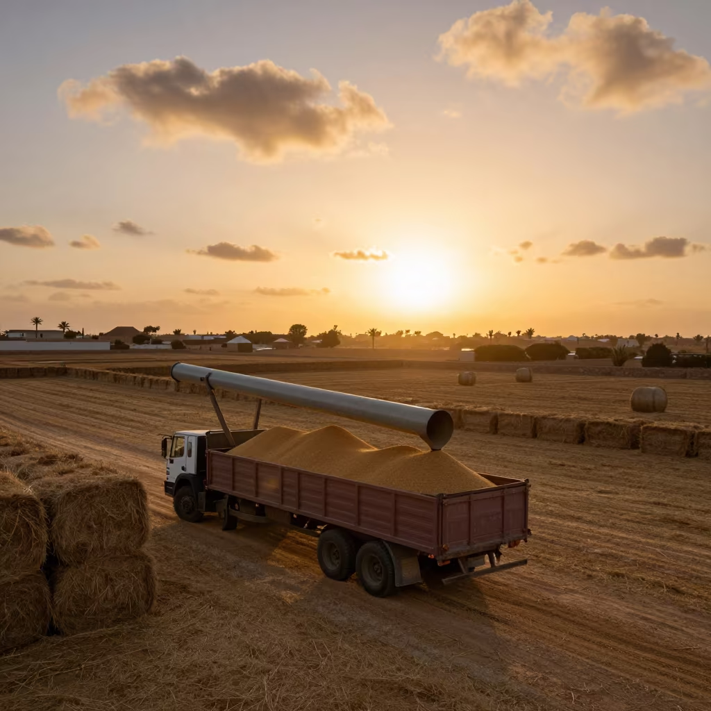 Golden Harvest Augers Filling Trailer Casablanca in beside stacked hay bales in Maarif, Casablanca