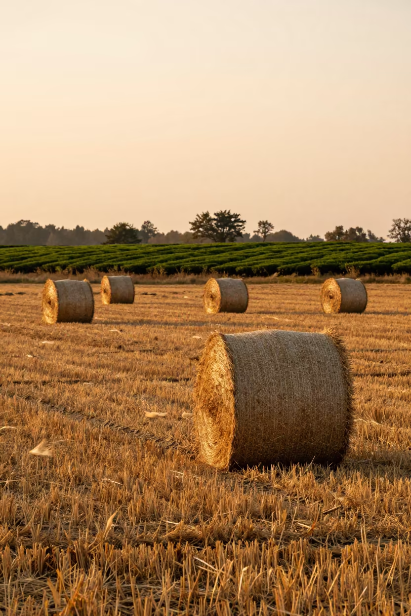 Golden Hay Bales in Autumn Rason Farmland in at the edge of a tea plantation near Rason