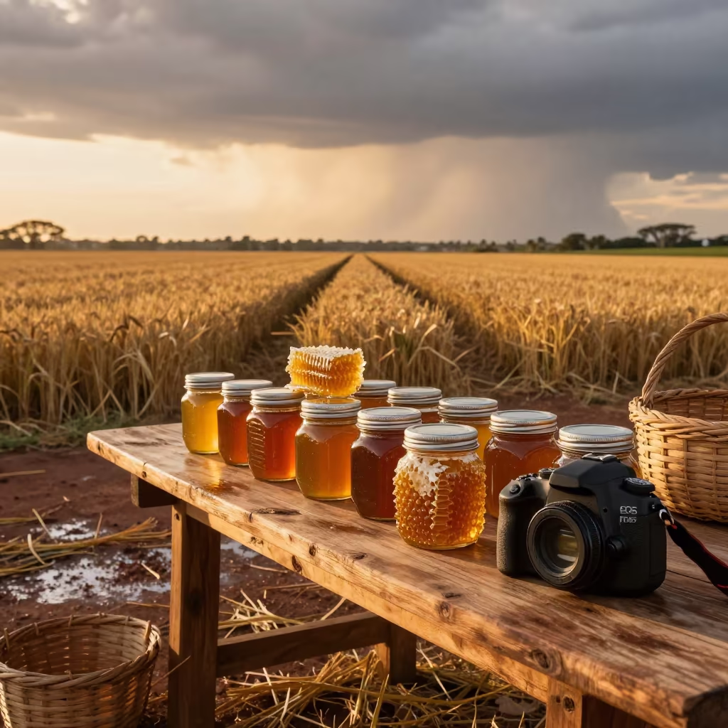 Golden Honey Jars and Comb at Paraguay Market in across a harvested grain field in Paraguay