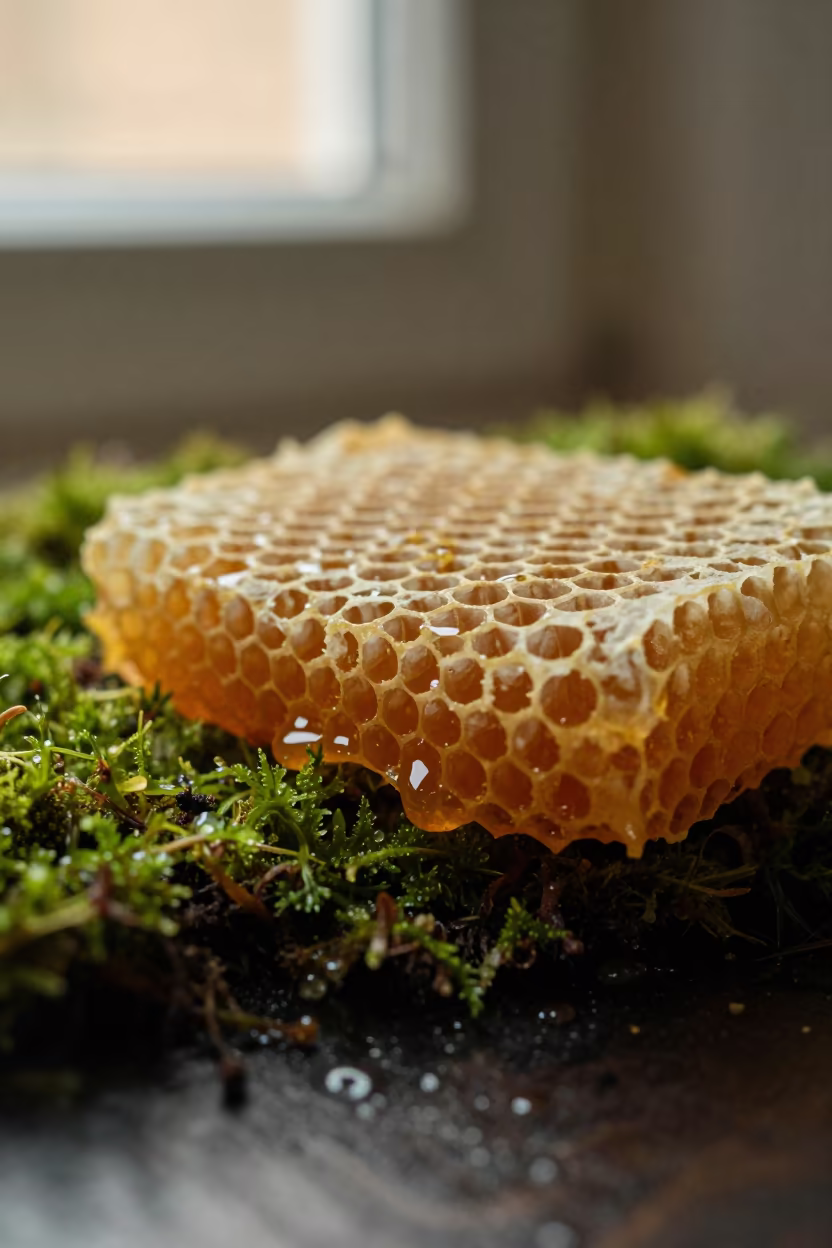 Golden Honey Oozing from Macro Honeycomb Cells in on dew-soaked moss near Dinajpur