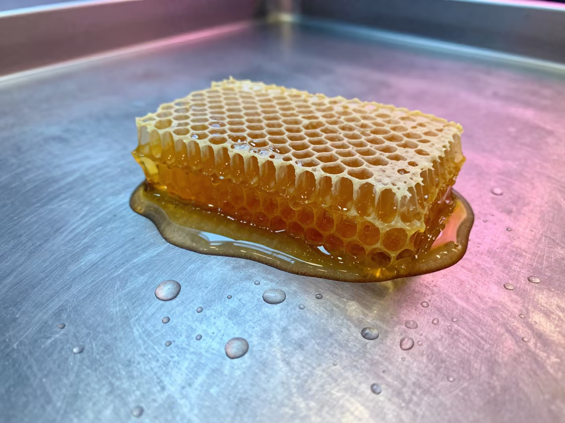 Golden Honey Oozing Macro on Rain Beaded Metal in across a rain-beaded metal surface in Kandahar