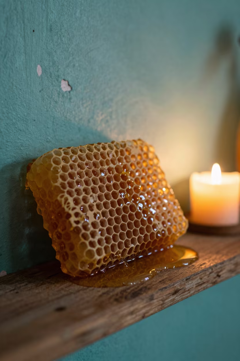 Golden Honey Oozing from Turquoise Honeycomb Cells in against weathered turquoise paint in Lima