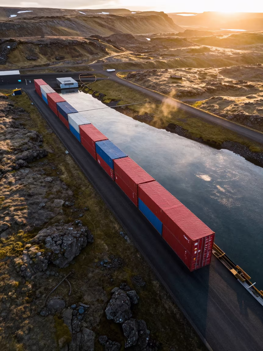 Golden Hour Aerial Freight Containers Iceland Harbor in high above irrigation geometry in Iceland