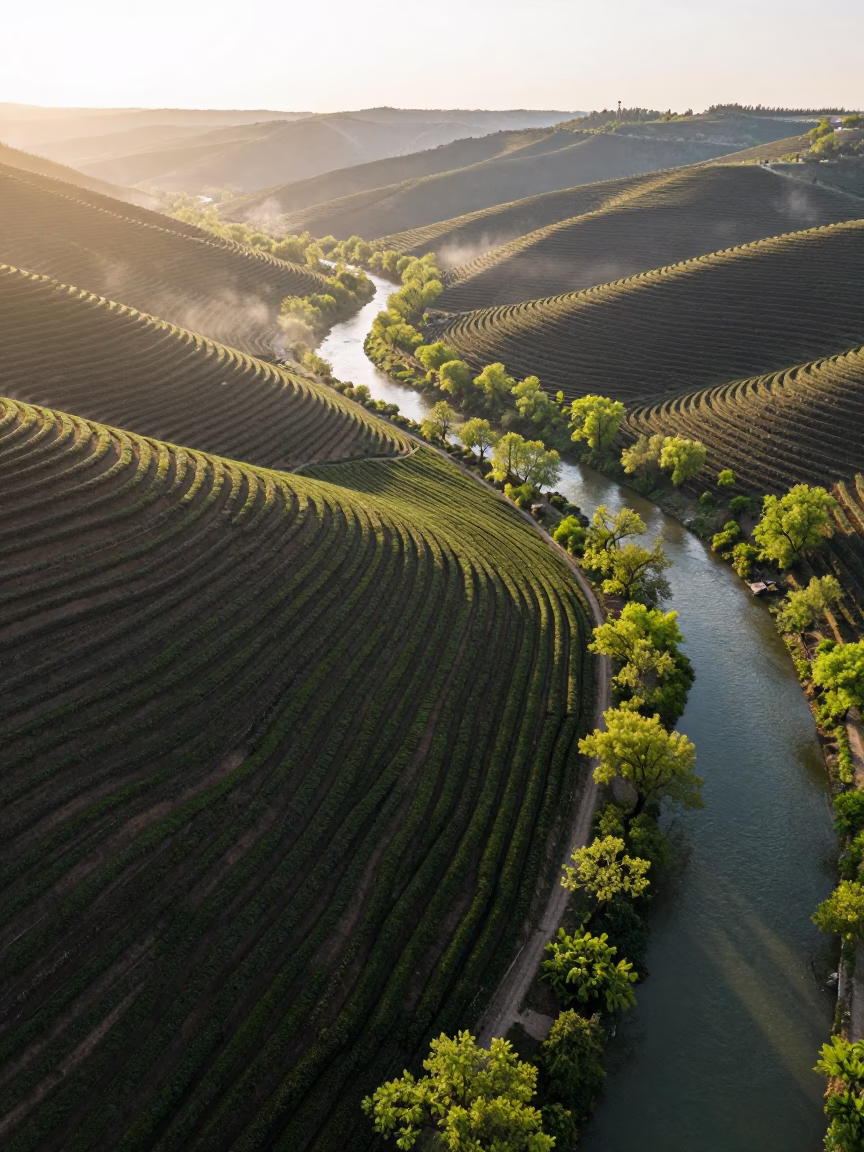 Golden Hour Aerial Tea Terraces Moldova in high above braided river channels in Moldova