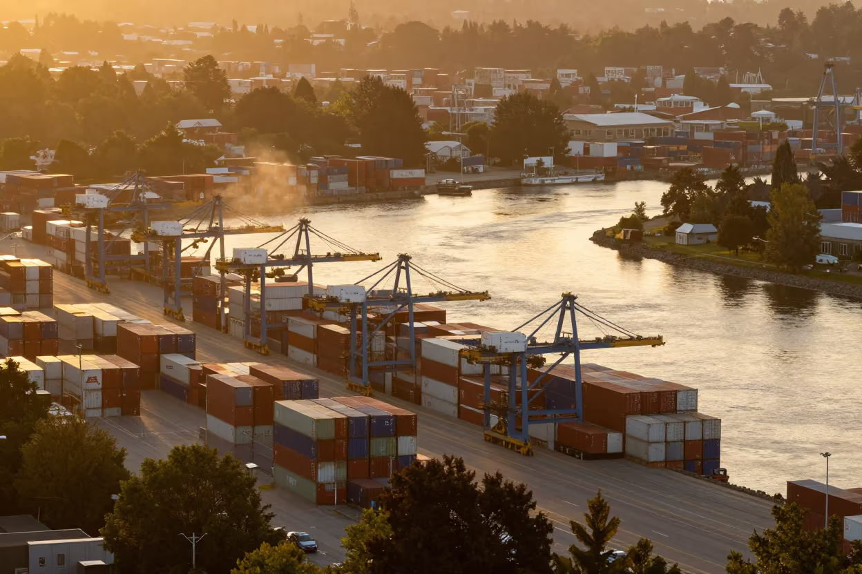 Golden Hour Aerial View of Vancouver Shipping Port in far above river meanders near Vancouver