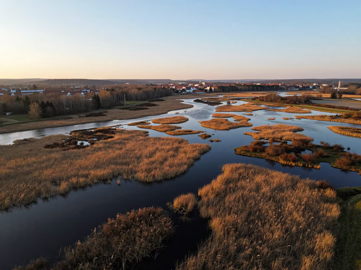 Golden Hour Aerial Wetland Saxony Reeds in high above patterned rooftops in Saxony