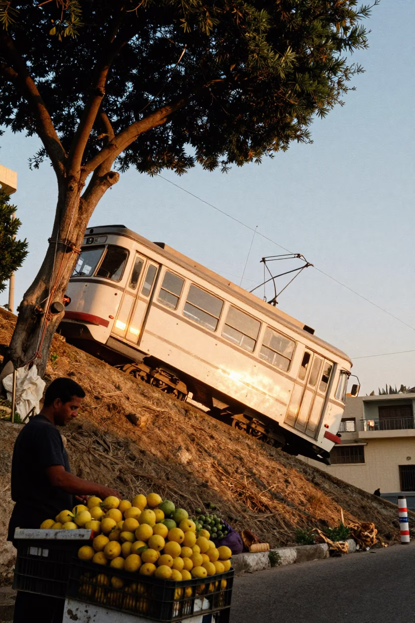 Golden Hour Alexandria Tram Climbing Steep Hill with Fig Tree and Lemon Stalls in in Alexandria, Egypt