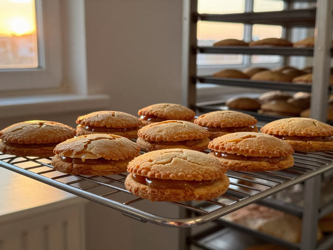 Golden Hour Alfajores on Bakery Rack in on a bakery cooling rack in Abakan