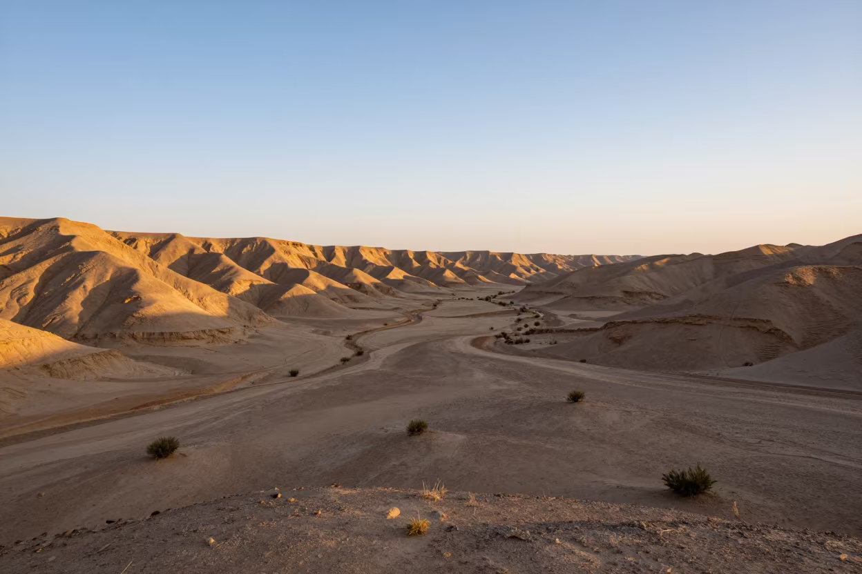 Golden Hour Alluvial Fan Iran Canyon in across a wide valley floor in Iran