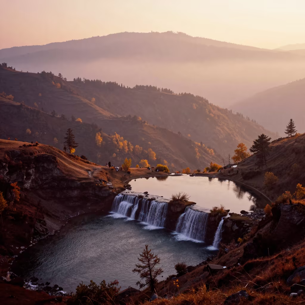 Golden Hour Alpine Tarns Misty Uttarakhand Ridge in from a ridge above layered foothills in Uttarakhand