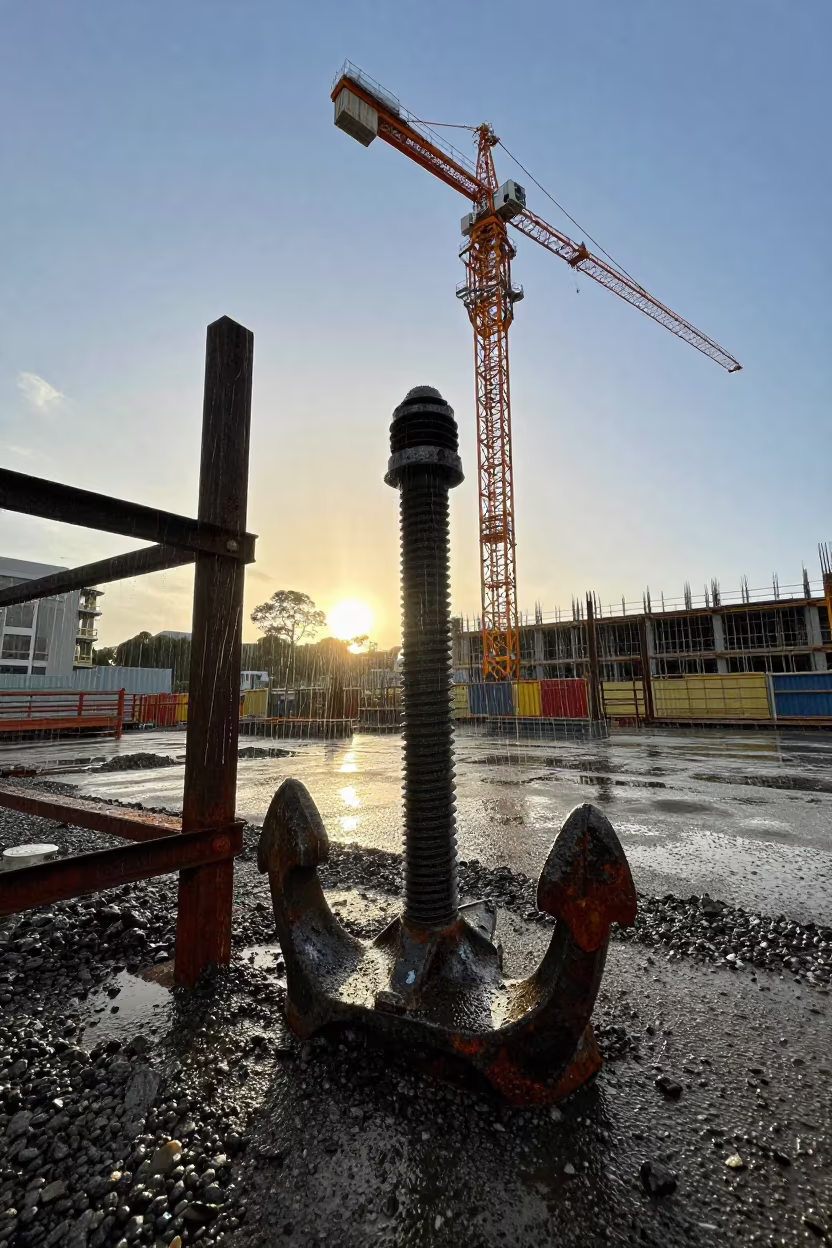 Golden Hour Anchor Bolt Template Perth Jobsite in beneath a tower crane on open ground in Perth