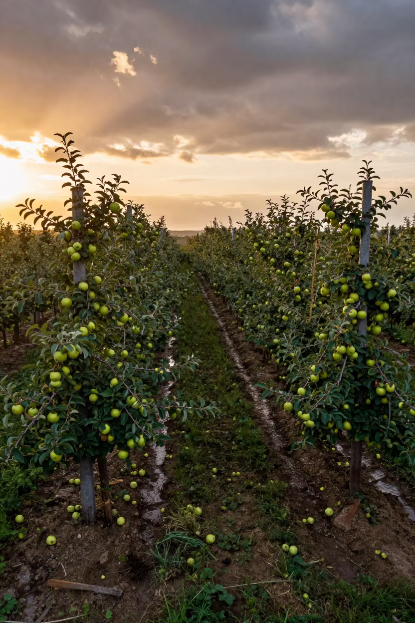Golden Hour Apple Orchard Rows Bucharest in along freshly irrigated rows in Bucharest