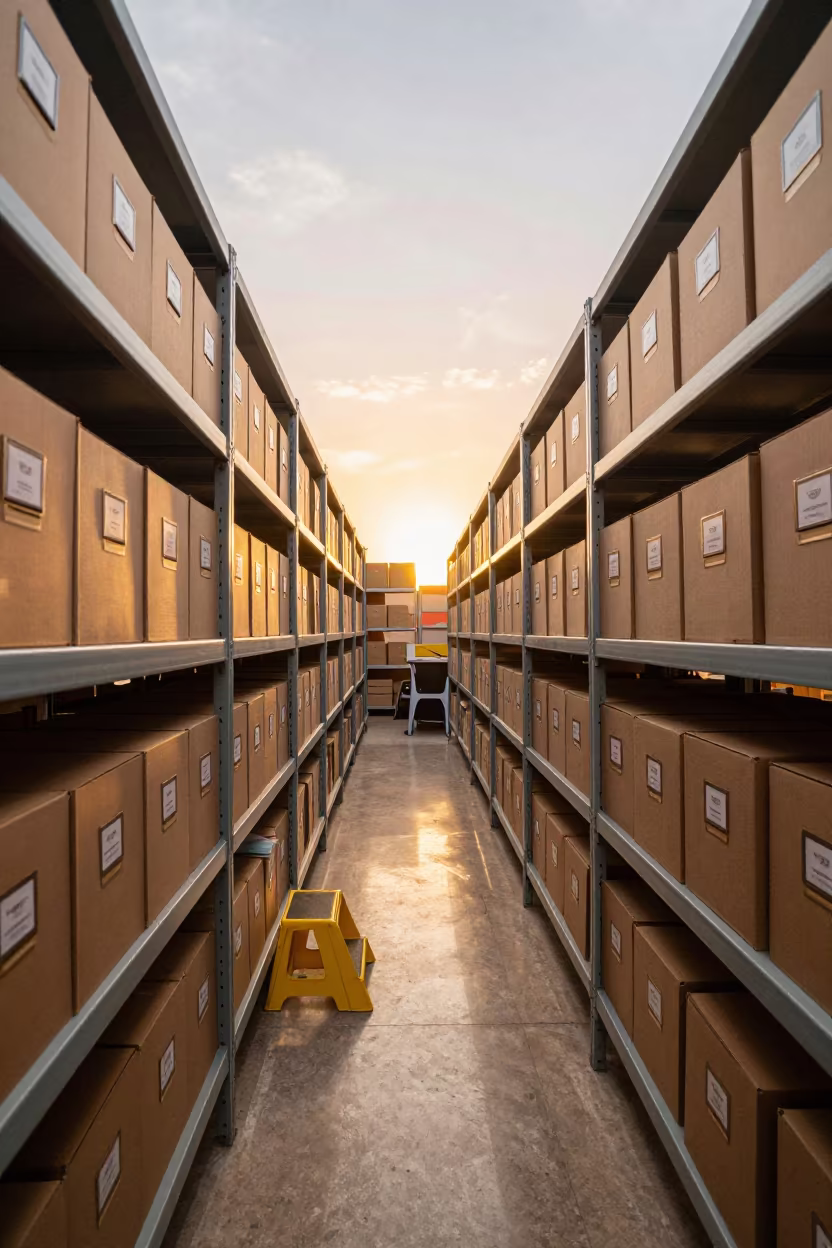 Golden Hour Archive Aisle in Marrakesh Operations Center in in an operations center under monitor glow near Marrakesh