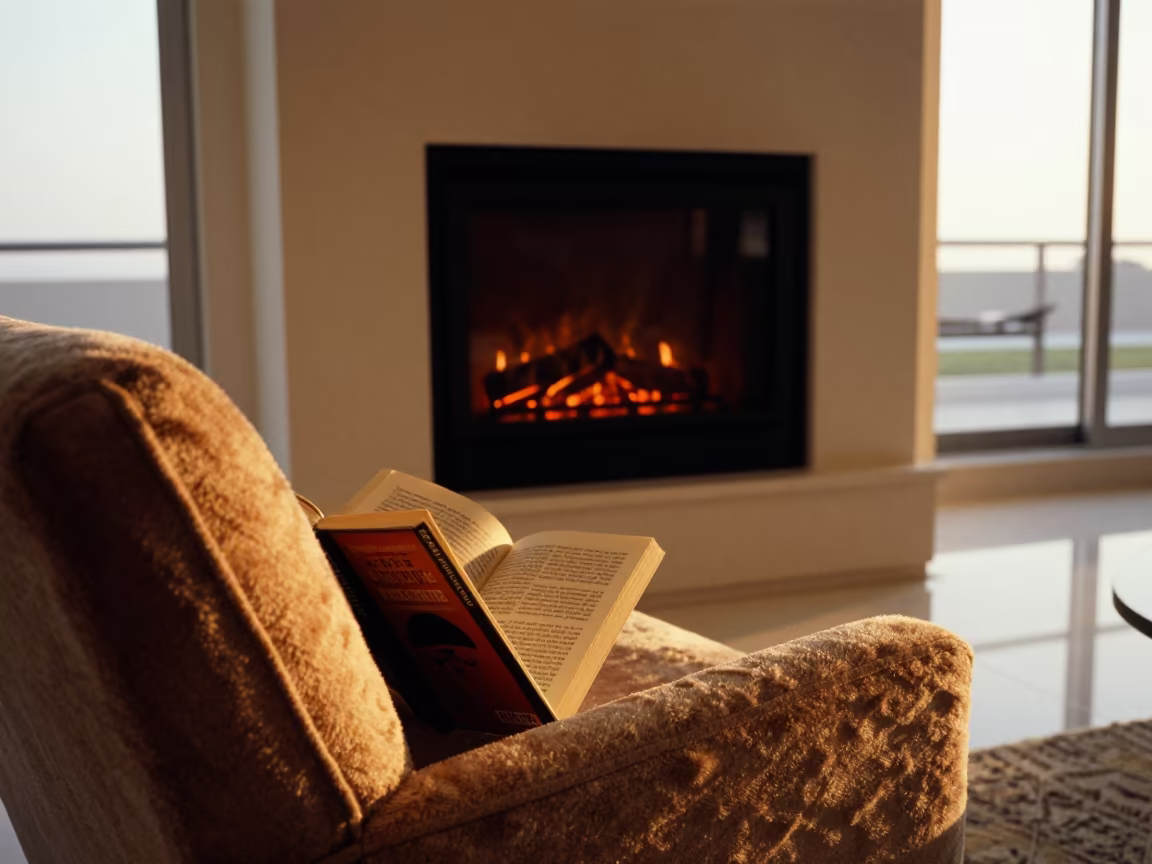 Golden Hour Armchair with Book by Fire in by a crackling fireplace in Abu Dhabi