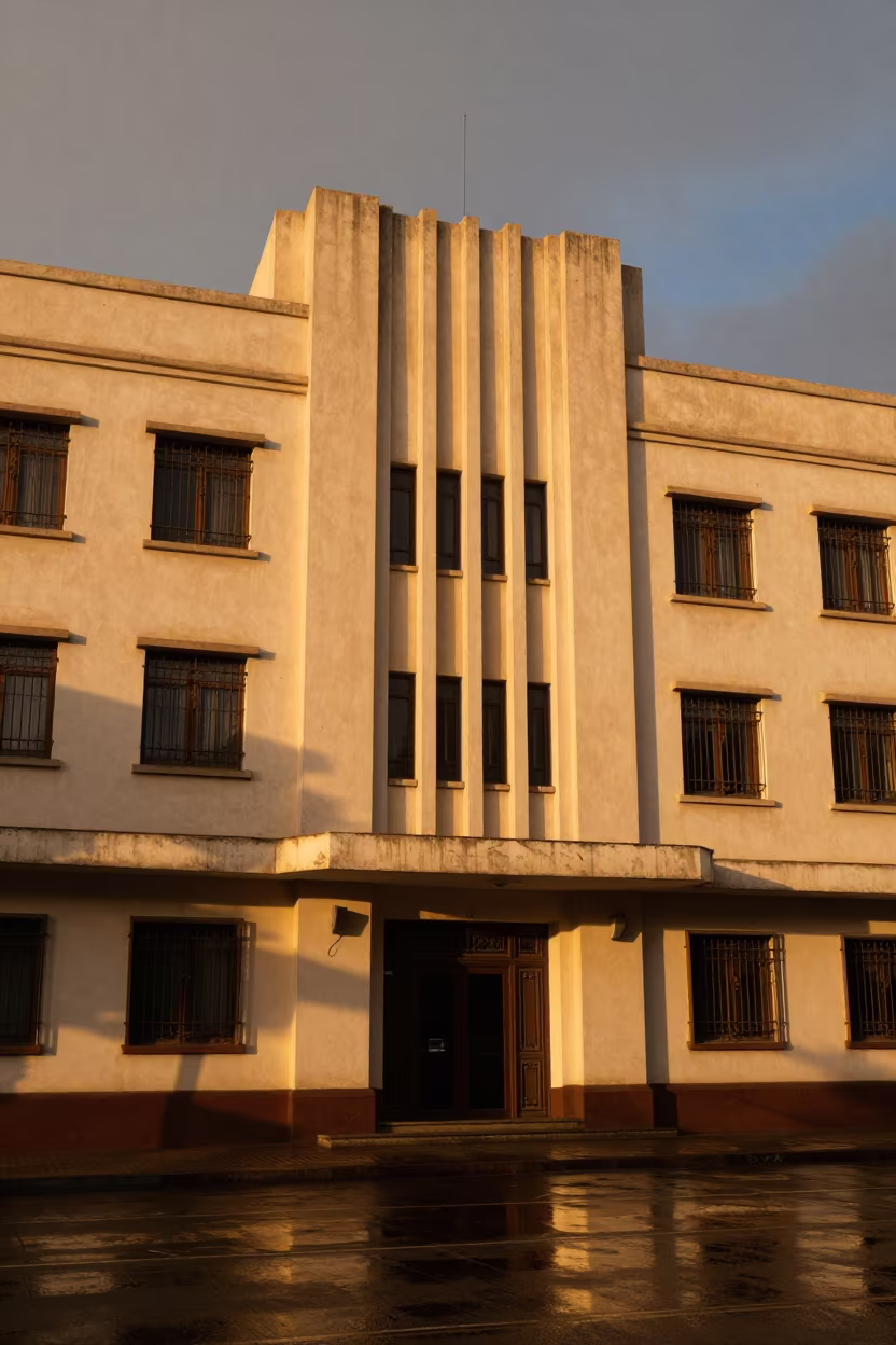 Golden Hour Art Deco Hotel Facade Addis Ababa in along a street-facing hotel facade in Addis Ababa