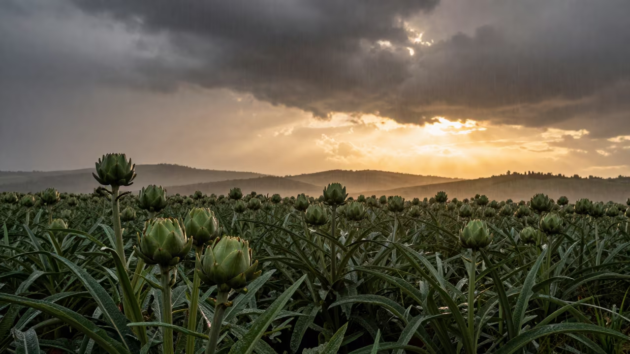 Golden Hour Artichoke Field Umbria Monsoon in in a bloom-heavy meadow in Umbria