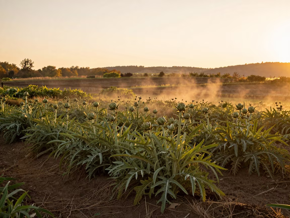 Golden Hour Artichoke Field in West Virginia in among terraced garden plots in West Virginia