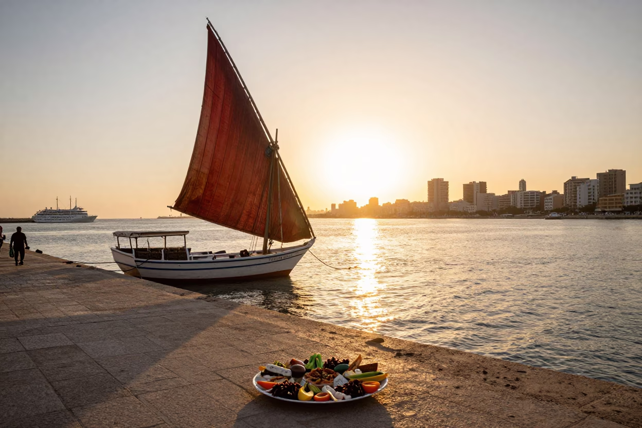Golden Hour at Alexandria Corniche with Junk Boat and Traditional Mezze Platter in in Alexandria, Egypt