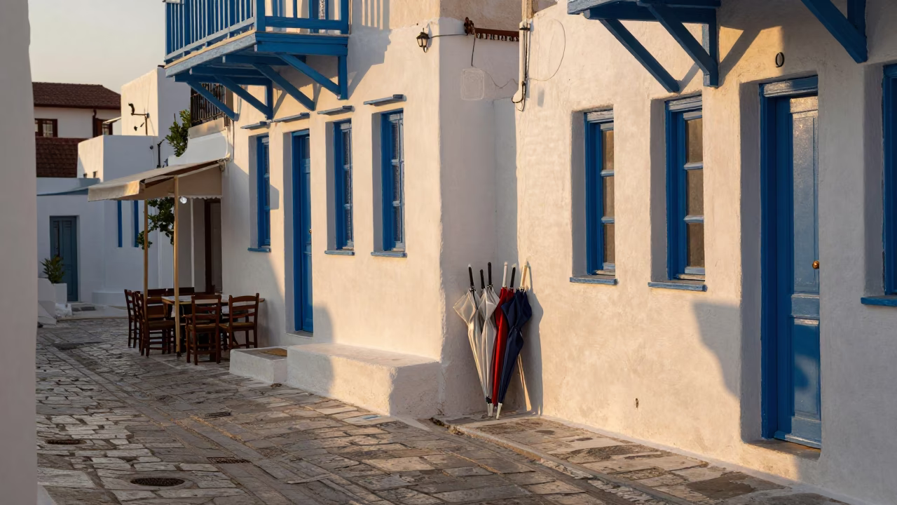 Golden Hour Athens Street Scene with Blue Porcelain and Umbrellas in in Athens, Greece