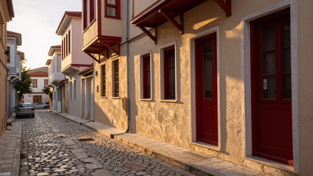 Golden Hour Athens Street Scene with Red Lacquered Wood Detail in in Athens, Greece