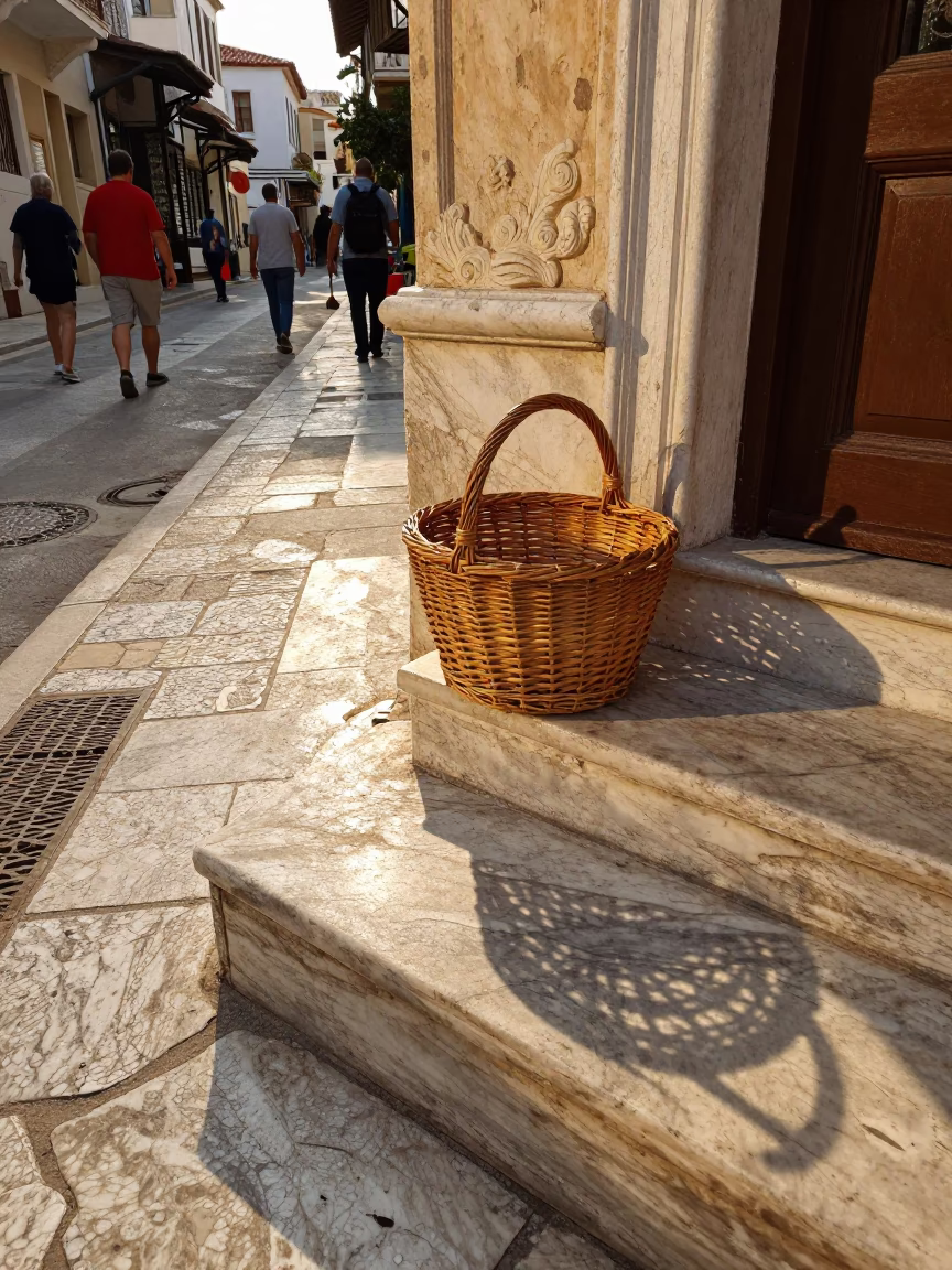 Golden Hour Athens Street Scene with Wicker Basket Shadow and Lived-in Market Atmosphere in in Athens, Greece