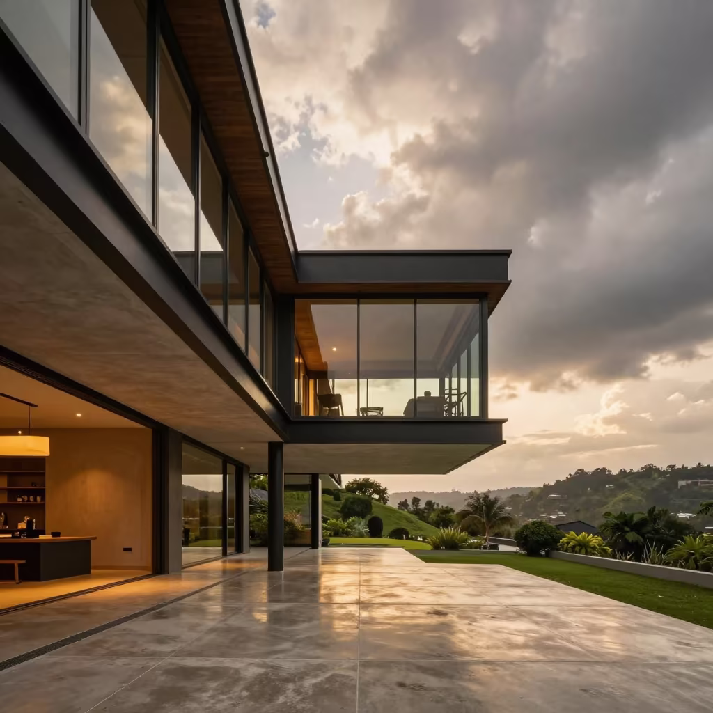 Golden Hour Atrium House Over Hyderabad Hillside in inside a vaulted atrium in Hyderabad