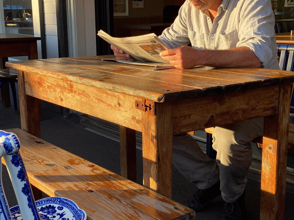 Golden Hour Auckland Cafe Table With Rusty Hinge And Blue Porcelain Bowl in in Auckland, New Zealand