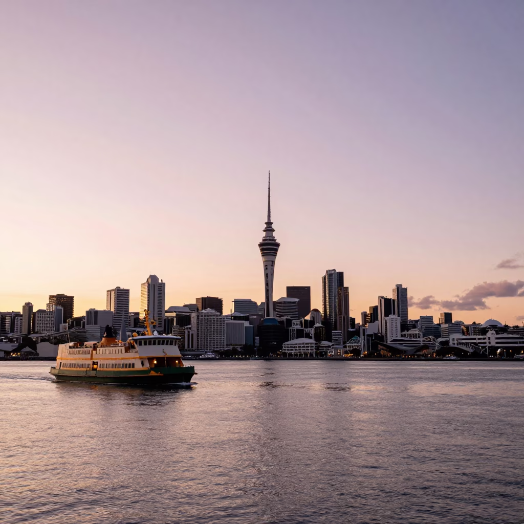 Golden Hour Auckland Harbor View with Ferry and City Skyline in in Auckland, New Zealand