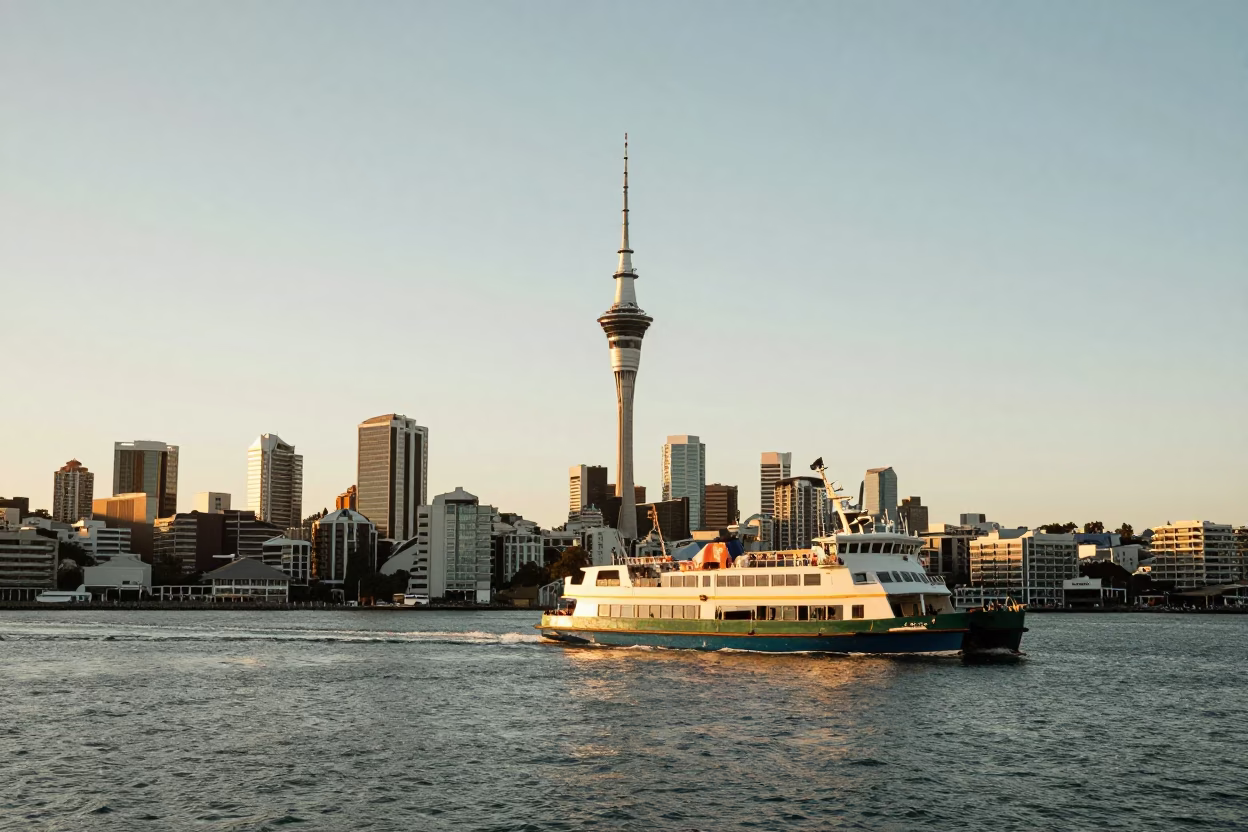 Golden Hour Auckland Harbor View with Ferry and Urban Skyline in in Auckland, New Zealand