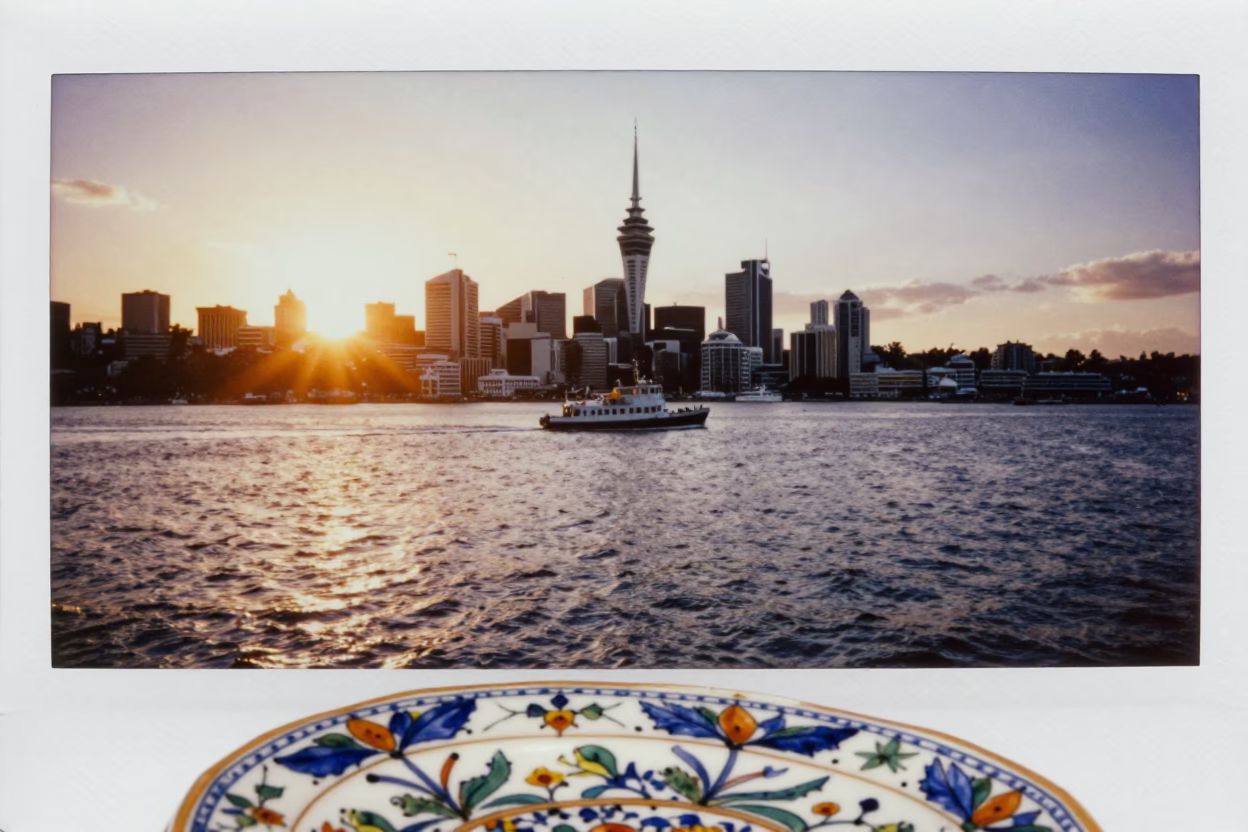 Golden Hour Auckland Harbor View with Vintage Majolica Plate and Water Ripples in in Auckland, New Zealand