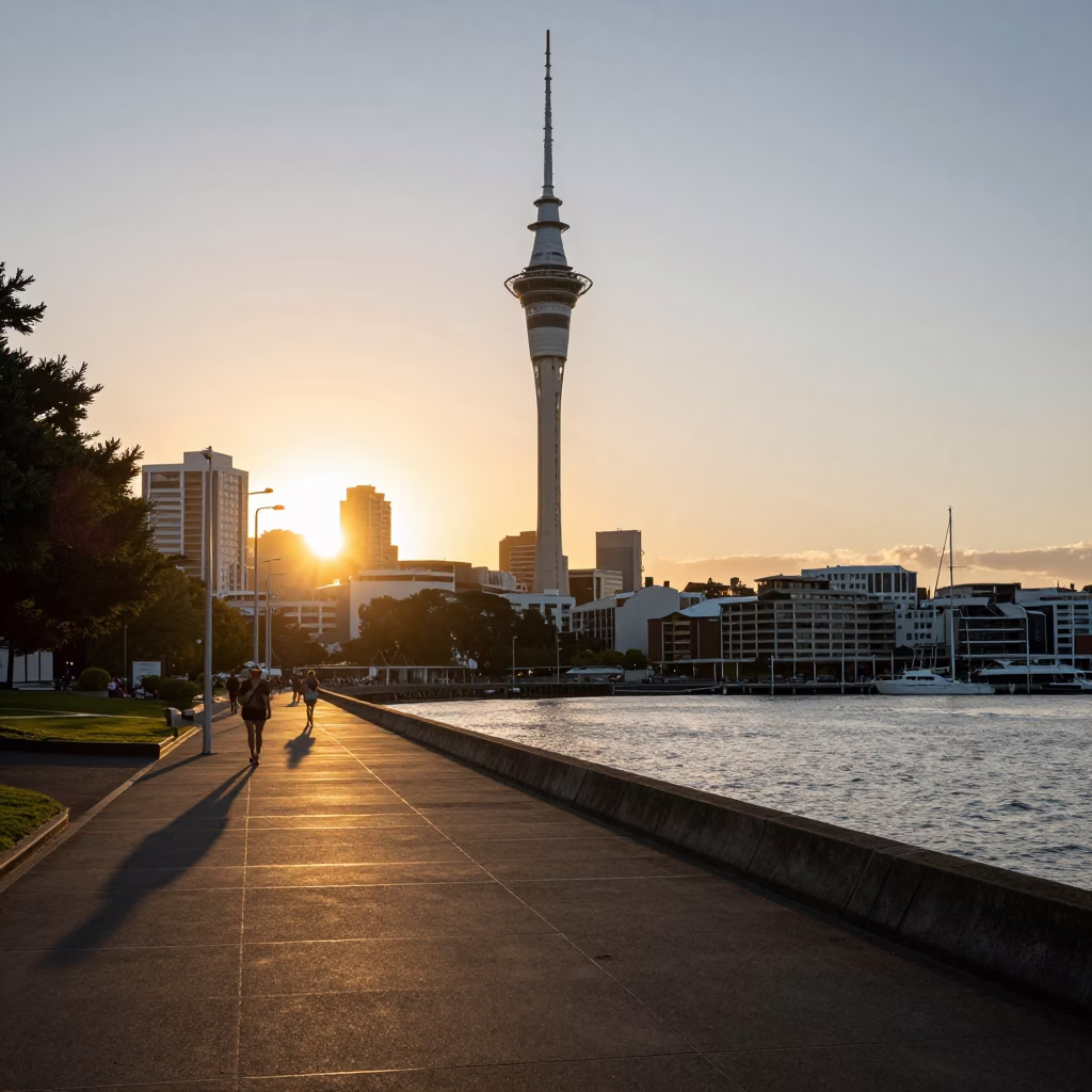 Golden Hour Auckland Sky Tower and Viaduct Harbour Street Photography in in Auckland, New Zealand
