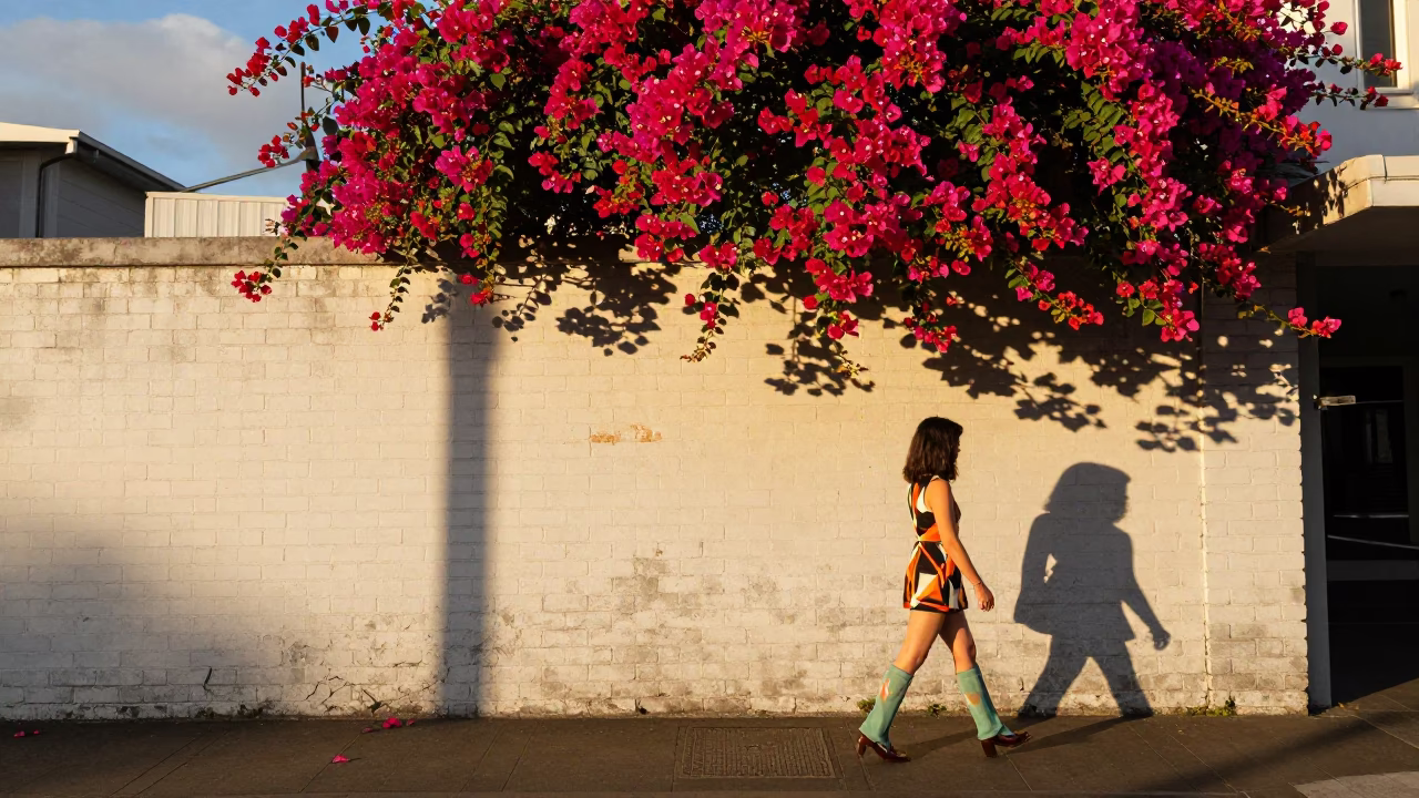 Golden Hour Auckland Street Scene with Bougainvillea and Vintage 1970s Fashion in in Auckland, New Zealand