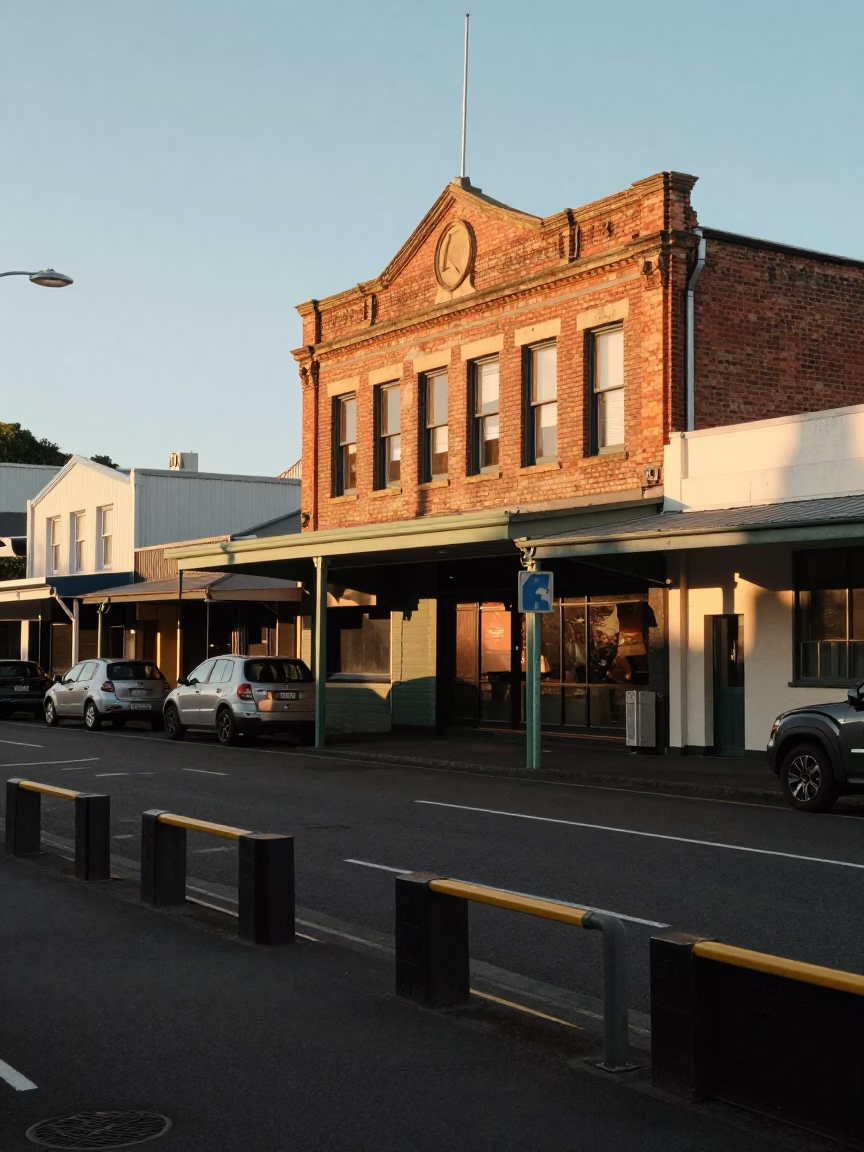Golden Hour Auckland Street Scene with Peg Rails and Local Life in in Auckland, New Zealand