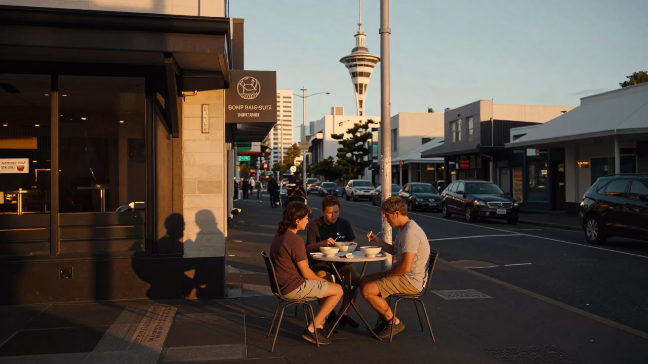 Golden Hour Auckland Street Scene with Soup Bowls and Butter Knife in in Auckland, New Zealand