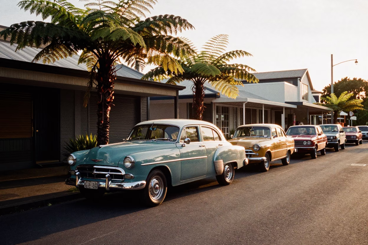 Golden Hour Auckland Street Scene with Vintage Cars and Ferns in in Auckland, New Zealand
