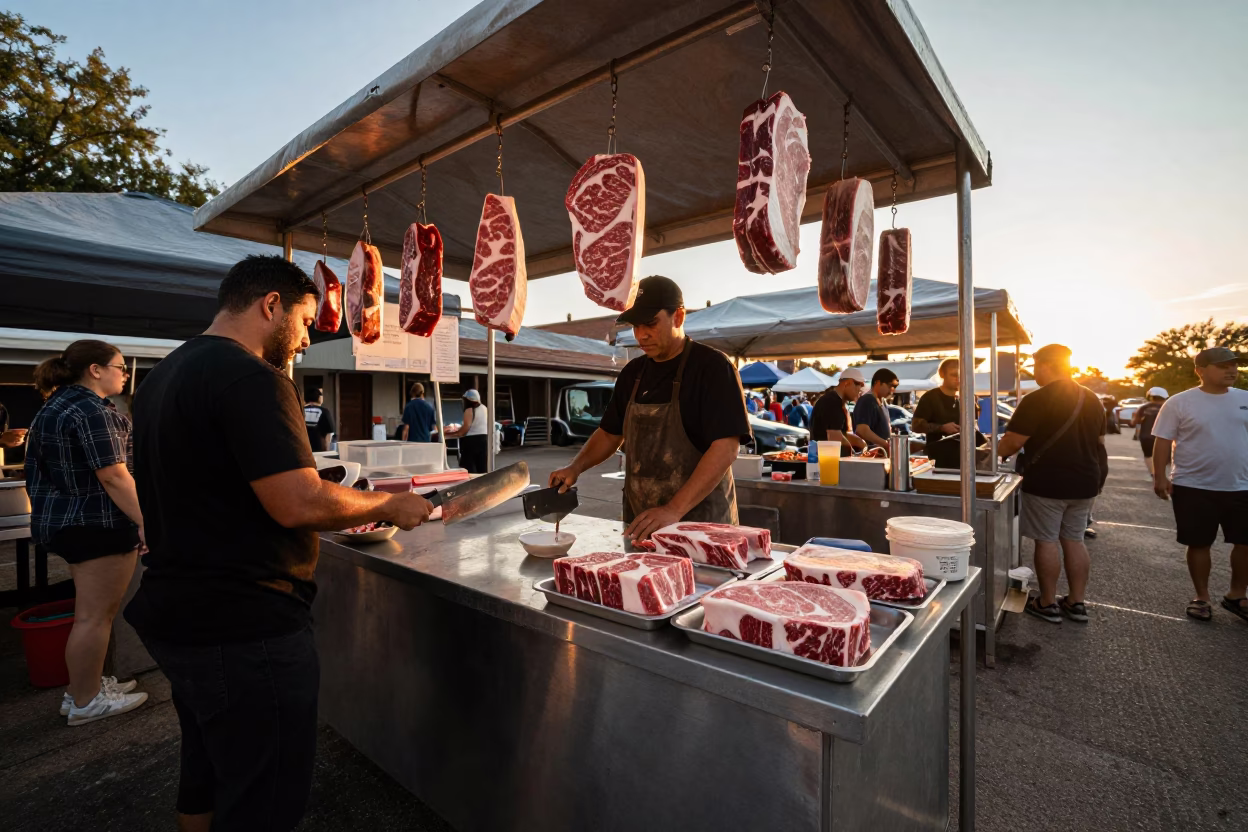 Golden Hour Austin Texas Street Scene with Cleaver and Wagyu Beef at Local Market in in Austin, Texas, United States