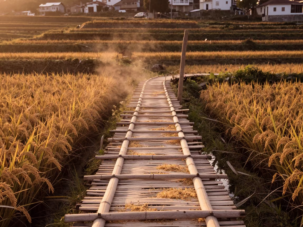 Golden Hour Bamboo Bridge Over Rice Paddy Canal in among terraced rice paddies in Bairro Alto, Lisbon