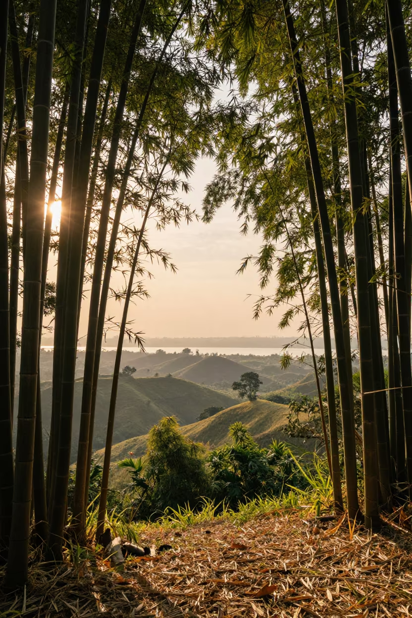 Golden Hour Bamboo Grove Ridge Jakarta in from a ridge above layered foothills near Blok M, Jakarta