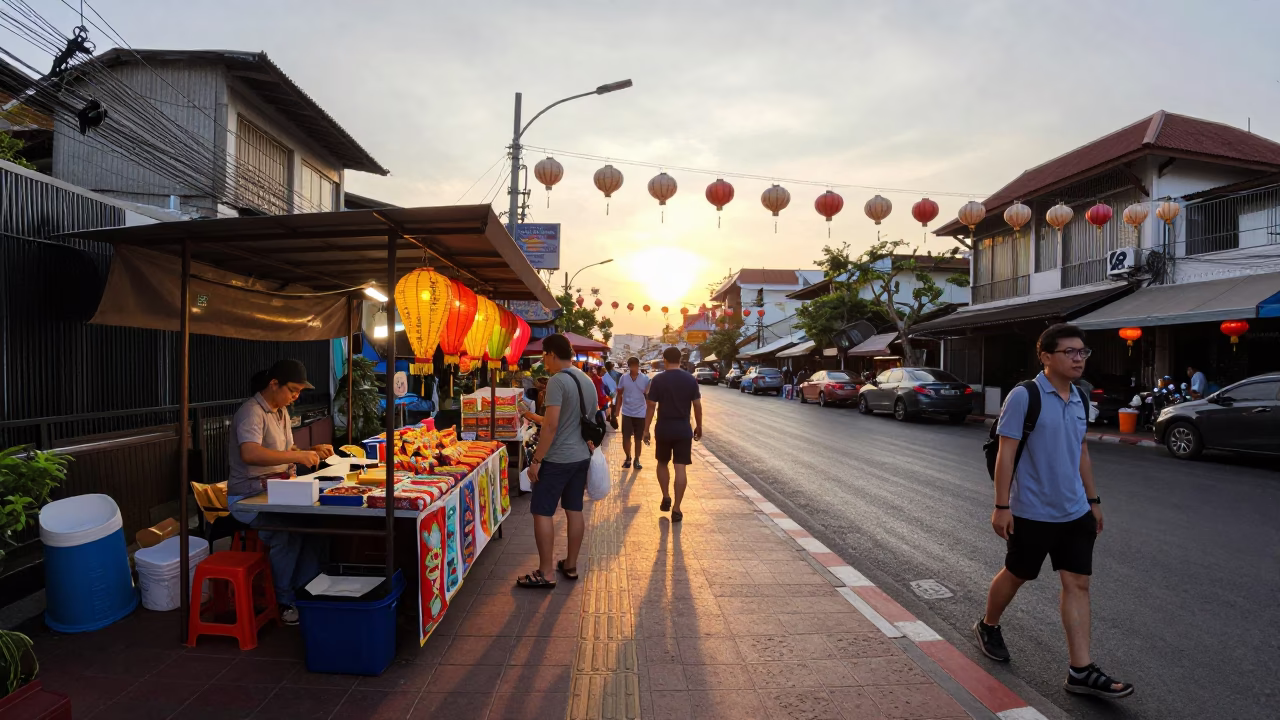 Golden Hour Bangkok Street Scene with Paper Lanterns and Local Life in in Bangkok, Thailand