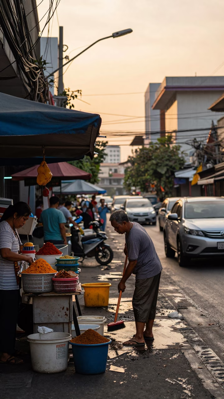 Golden Hour Bangkok Street Scene with Spices and Cleaning Tools in in Bangkok, Thailand