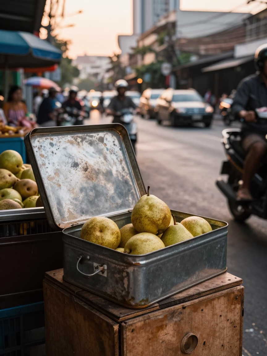 Golden Hour Bangkok Street Scene with Tin Box and Pears in in Bangkok, Thailand