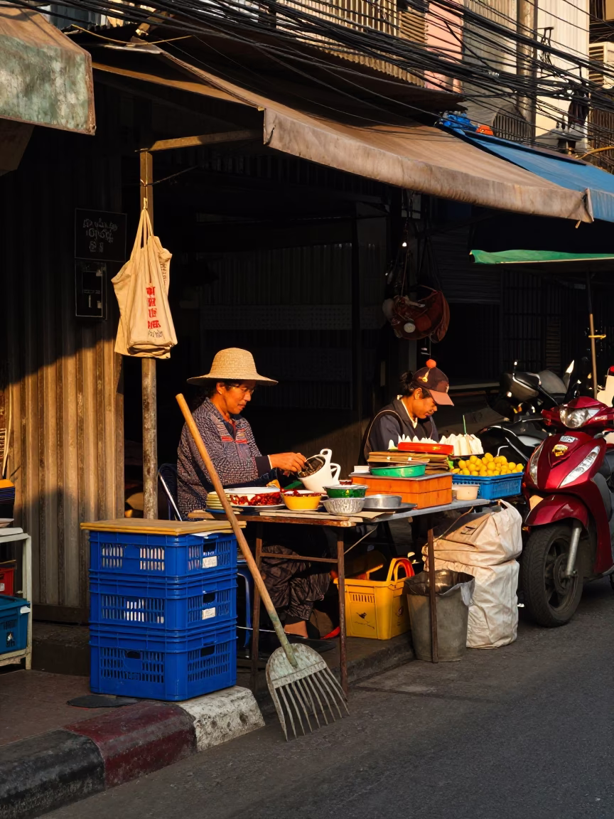 Golden Hour Bangkok Street Scene with Vendor Tools and Daily Life in in Bangkok, Thailand
