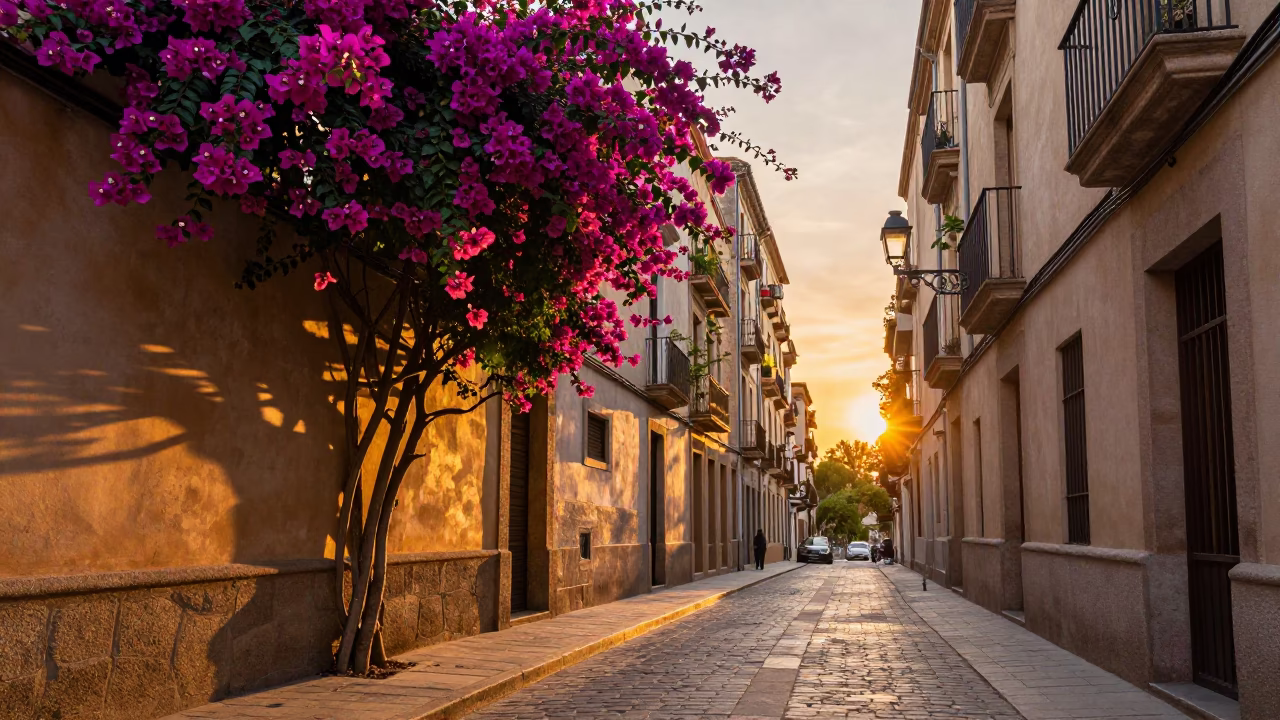 Golden Hour Barcelona Street Scene with Bougainvillea and Vintage Enamel Bowls in in Barcelona, Spain