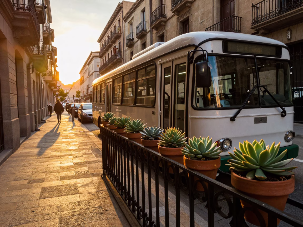Golden Hour Barcelona Street Scene with Classic Bus and Succulents in in Barcelona, Spain