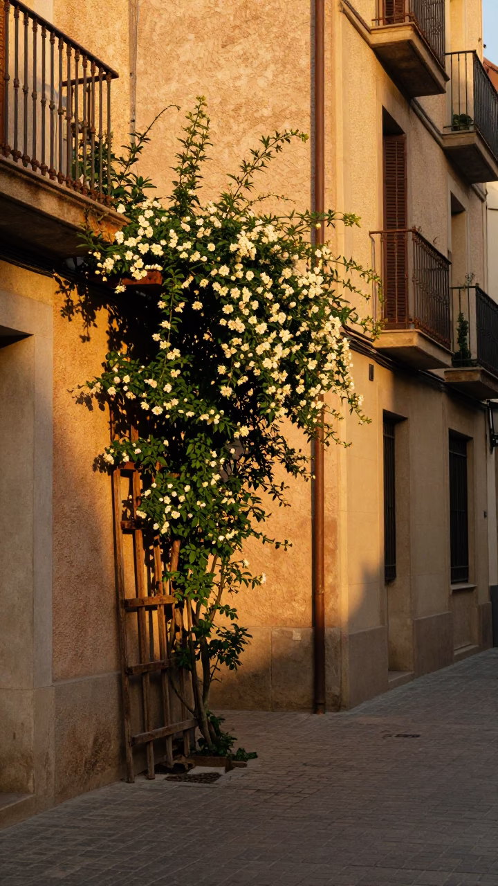 Golden Hour Barcelona Street Scene with Climbing Jasmine Trellis and Rusty Basin in in Barcelona, Spain