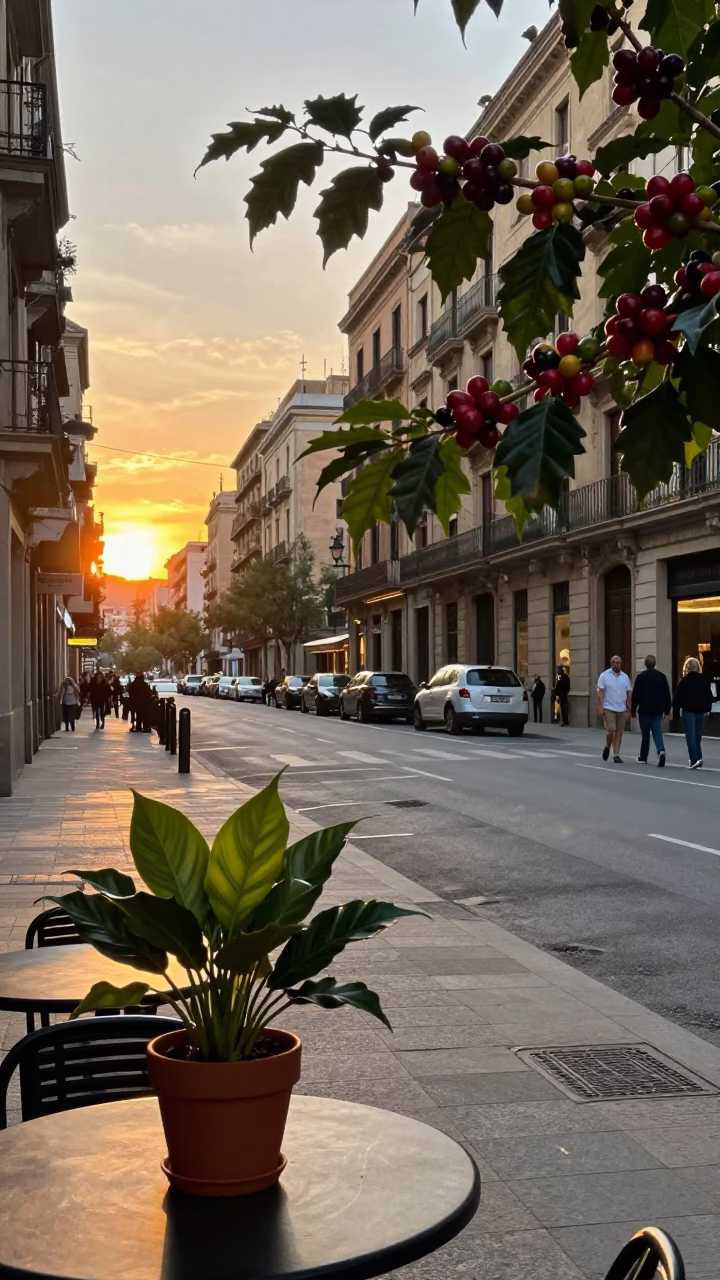 Golden Hour Barcelona Street Scene with Coffee Cherry Branch and Houseplant in in Barcelona, Spain