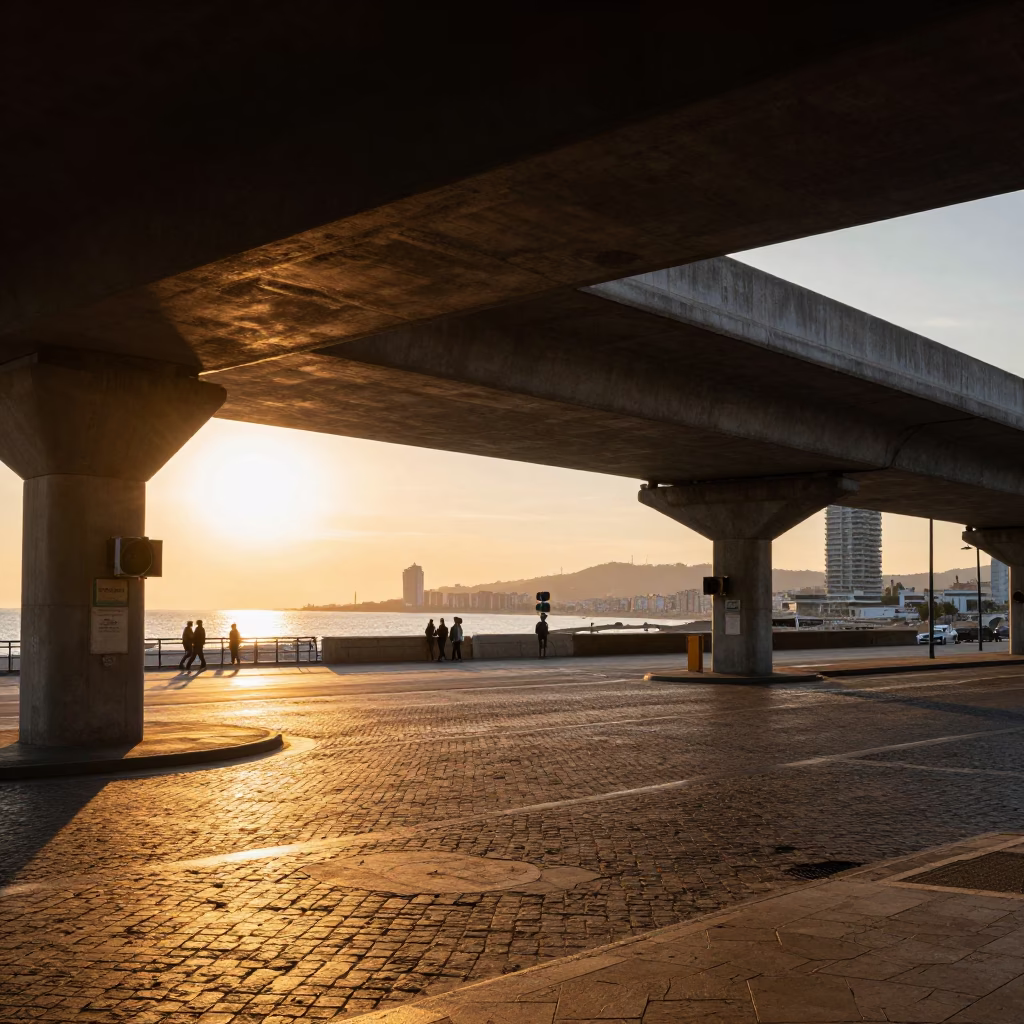 Golden Hour Barcelona Street Scene with Flyover Shadows and Harbor View in in Barcelona, Spain