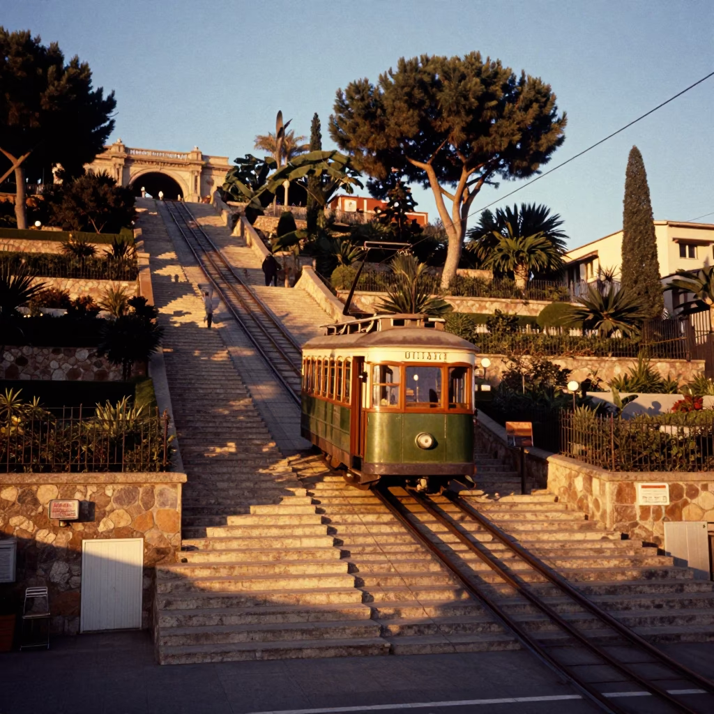 Golden Hour Barcelona Street Scene with Funicular Railway and Terraced Gardens in in Barcelona, Spain